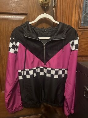 Forever 21 Pink and Black Checkered Hooded Windbreaker Jacket